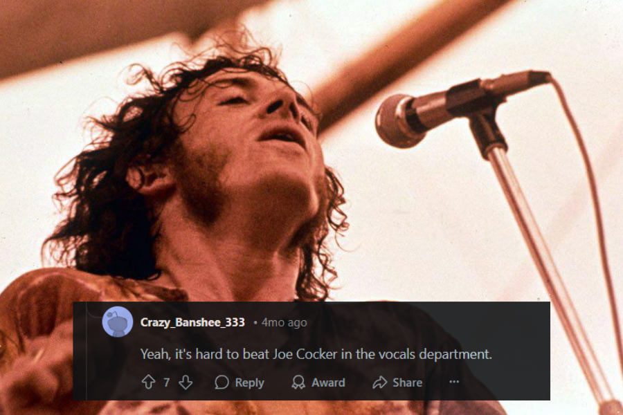  A male rock singer with curly, unkempt hair and expressive sideburns performs with intensity on an outdoor stage. He wears a tie-dye shirt, his face tilted upward in deep emotion as he sings near a microphone stand. The warm lighting and raw energy capture the spirit of a legendary festival performance.