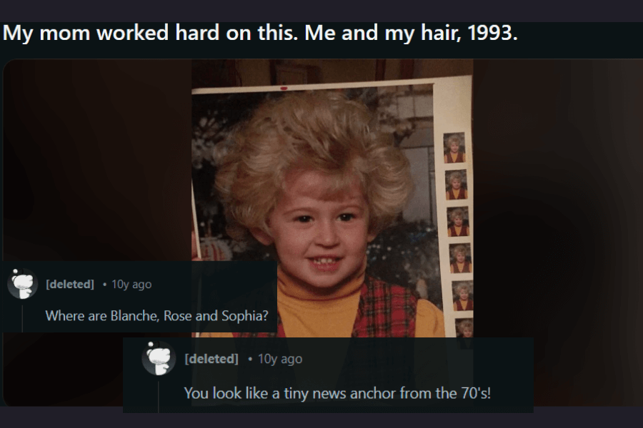 A young child with a perfectly styled, voluminous hairstyle reminiscent of 1980s sitcom characters or a classic news anchor look. They are dressed in a red plaid vest over a mustard-yellow turtleneck, sitting for a professional portrait with a cheerful smile. A comment humorously asks, "Where are Blanche, Rose, and Sophia?" referencing The Golden Girls, while another jokes that they resemble a tiny news anchor from the 70s.