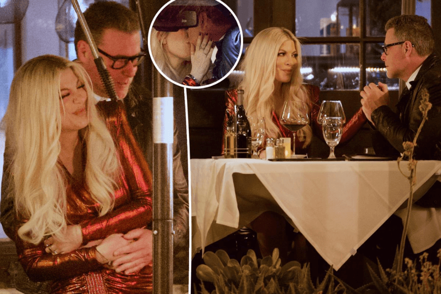 A collage of three candid romantic moments between a blonde woman in a shimmering red dress and a man in glasses and a black jacket. In the main image, the couple is seated at a candlelit dinner table, engaged in deep conversation over wine glasses. Another photo captures the man embracing the woman from behind as she smiles with her eyes closed. A smaller inset image shows them sharing a kiss, with the woman's hand resting on his face.