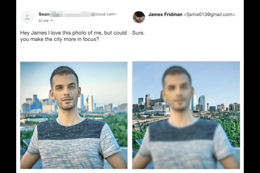 A side-by-side comparison of two photos: on the left, a man poses in front of a blurred city skyline, requesting James Fridman to make the city more in focus. In the edited version on the right, Fridman humorously shifts the focus—making the city sharp and clear while blurring the man instead, reversing the original depth of field. His simple response reads, "Sure."