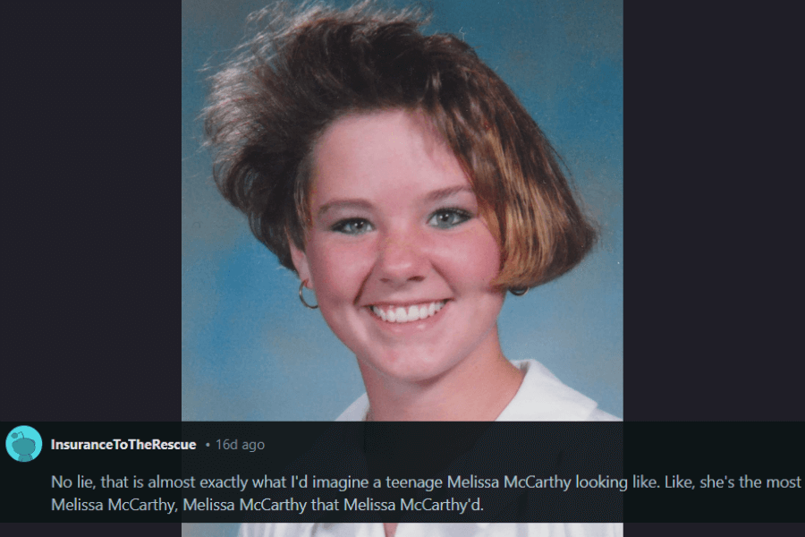 A vintage school portrait of a young girl with an exaggerated 90s hairstyle featuring a short, chin-length bob with flipped-out ends and dramatically teased volume on top. She has a bright smile, wears a white collared shirt, and has subtle blue eyeliner. A humorous comment below jokes that she looks exactly like what one would imagine a teenage Melissa McCarthy to look like.