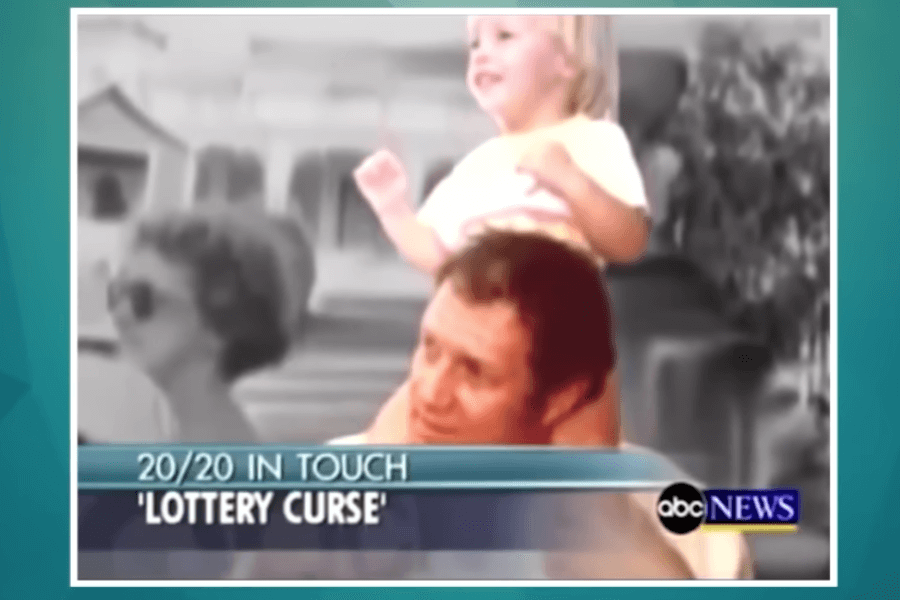A still from an ABC News "20/20" segment titled "Lottery Curse," featuring a nostalgic image of a man carrying a young blonde child on his shoulders. The background is faded to black and white, while the man and child are in color, emphasizing them as the focal point. The child appears happy, while the man looks forward with a neutral expression.