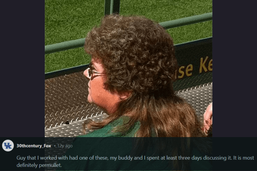 A side-profile shot of a person sporting a "permullet"—a combination of a permed top with tight curls and a flowing mullet in the back. They wear sunglasses and a green shirt while sitting on outdoor metal bleachers, with a yellow sign partially visible in the background. The caption humorously acknowledges the legendary status of the hairstyle, emphasizing how much discussion it generated.