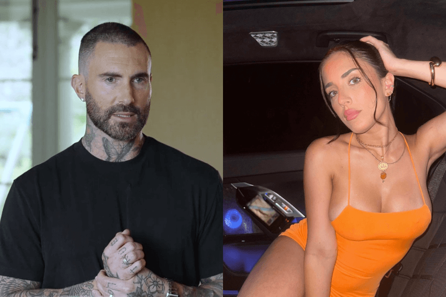 A side-by-side collage features two separate images. On the left, a man with a buzz cut, beard, and tattoos on his neck and hands wears a black T-shirt while standing indoors with his hands clasped. On the right, a woman in an orange, form-fitting dress poses inside a luxury car, resting her hand on her head. She wears gold jewelry and has a confident expression with a sultry gaze.