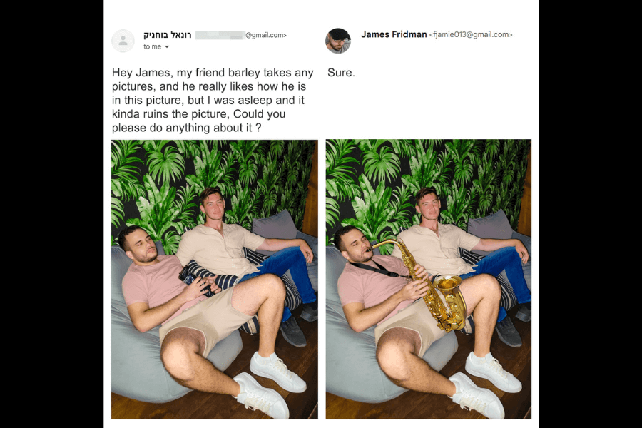 A side-by-side comparison of two photos: on the left, two young men are sitting on a couch with a tropical leaf-patterned wall behind them. The man on the left is asleep with his head tilted back, while the man on the right poses casually. The email requests that James Fridman make the sleeping pose look less awkward. In the edited version on the right, Fridman humorously adds a saxophone to the sleeping man's hands, making it look like he is passionately playing music instead of just dozing off. His response is simply, "Sure."