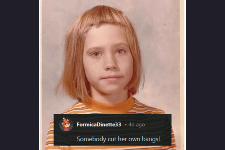 A vintage school portrait of a young girl with an uneven, very short set of bangs that appear to have been self-cut, creating a choppy and slightly chaotic look. She has a neutral, slightly resigned expression and wears a striped mustard-yellow turtleneck, completing the classic retro aesthetic. A comment humorously points out, "Somebody cut her own bangs!"