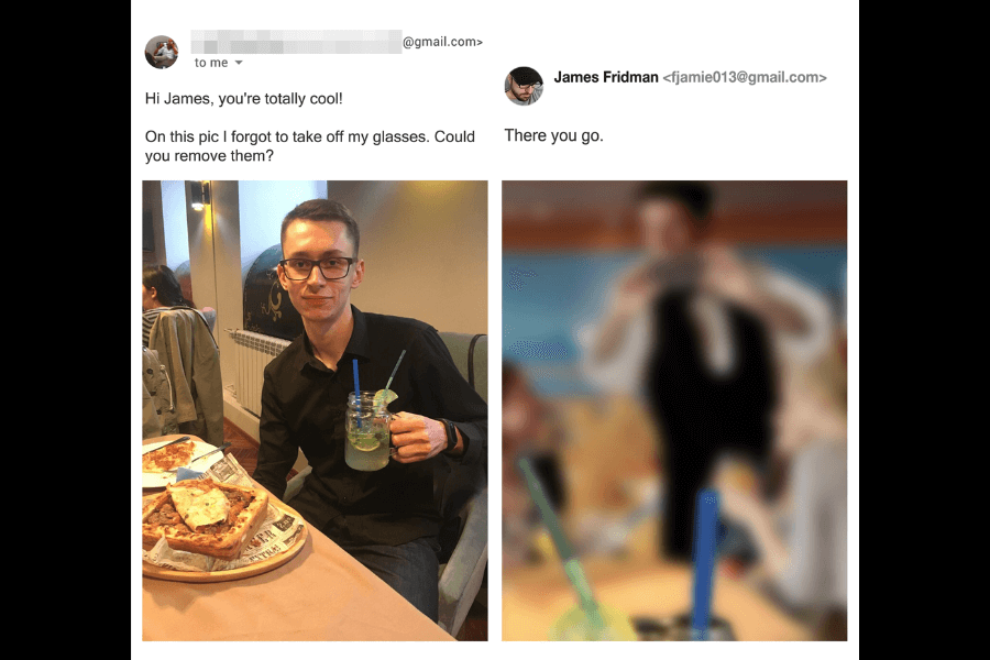 A side-by-side comparison of two photos: on the left, a man sits at a restaurant enjoying a meal and a drink, wearing glasses. He asks James Fridman to remove his glasses from the image. In the edited version on the right, Fridman humorously takes the request to the extreme by blurring the entire photo to mimic poor eyesight without glasses, making everything indistinct and fuzzy. His simple response reads, “There you go.”