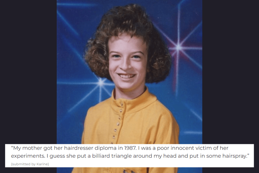 A school portrait from the late 1980s featuring a young girl with an extremely structured, triangular hairstyle. Her short, tightly curled hair appears to have been meticulously shaped, possibly with the aid of a hairdresser's creative vision (and a lot of hairspray). She wears a bright yellow button-up shirt and smiles confidently against a classic laser background. A caption humorously describes the style as a result of her mother's experimental hairdressing, joking that a billiard triangle might have been used to achieve the look.