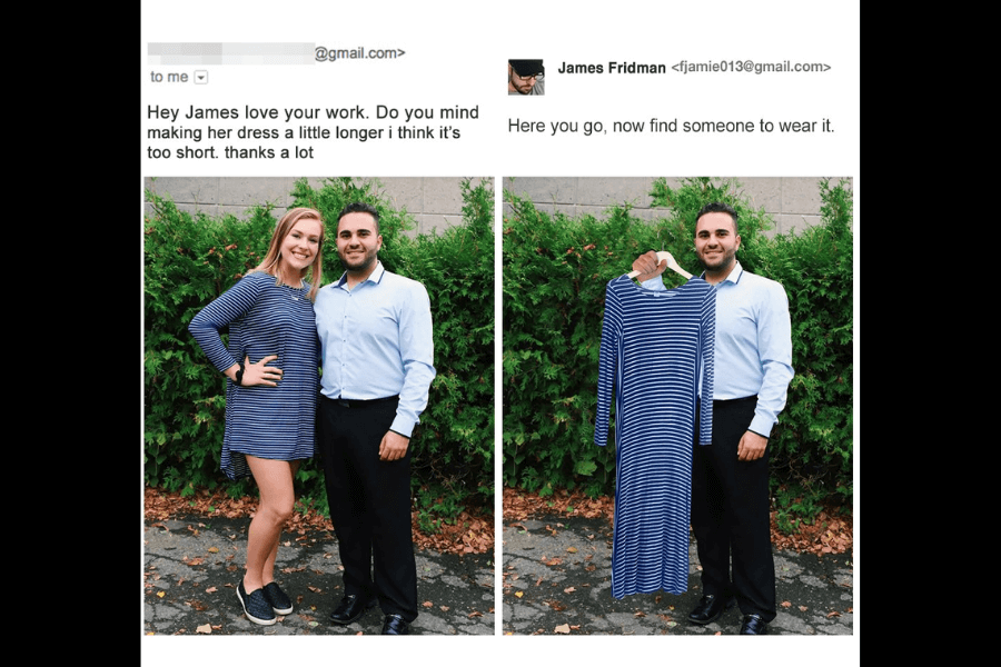 A side-by-side comparison of two photos: on the left, a smiling woman in a striped dress poses with a man, with the requester asking James Fridman to make her dress longer as they feel it is too short. In the edited version on the right, rather than extending the dress while she wears it, Fridman humorously removes it entirely and places it in the man's hand as if he is holding it up like a clothing item, leaving the woman out of the picture entirely. His witty response reads, “Here you go, now find someone to wear it.”