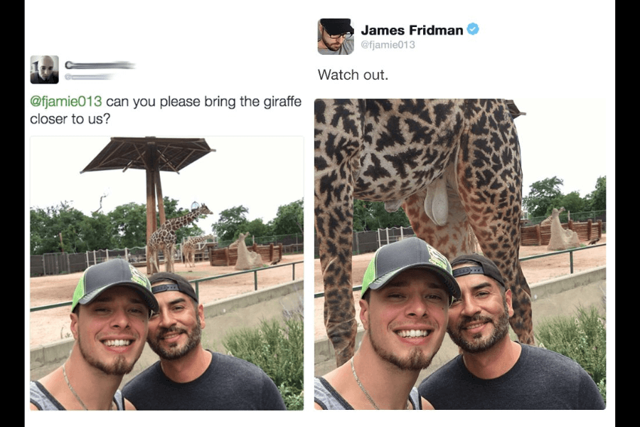 A side-by-side image comparison featuring two men taking a selfie at the zoo. In the original image, a giraffe stands far in the background behind a fence. The request asks James Fridman to bring the giraffe closer. In the edited version, Fridman humorously enlarges the giraffe, placing its legs and body directly in front of the camera, making it appear as if it's towering over the men with its underbelly dominating the frame. His witty response reads, “Watch out.”