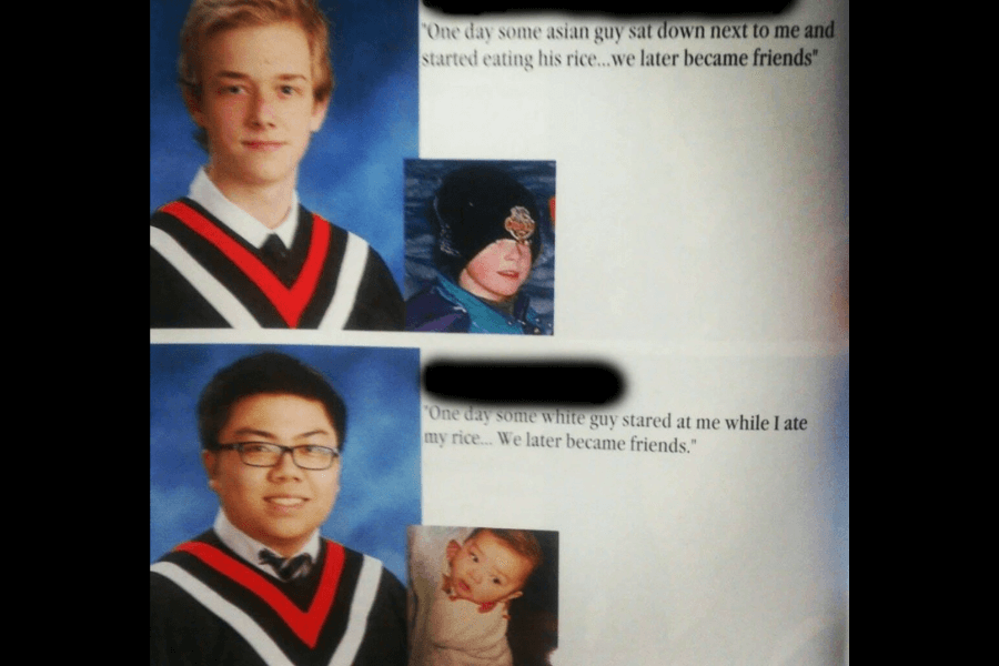 A high school yearbook page featuring two students in graduation attire. The first student, a blonde young man, has a quote that reads, "One day some Asian guy sat down next to me and started eating his rice... we later became friends." Below, a second student, an Asian young man with glasses, has a mirrored quote that says, "One day some white guy stared at me while I ate my rice... We later became friends." Each student’s section includes a childhood photo beside their quote.