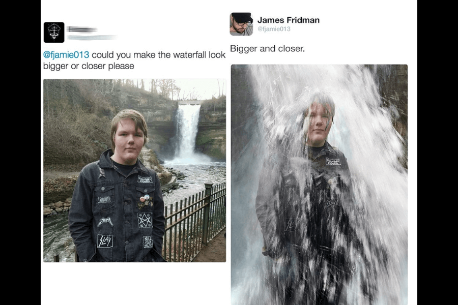 A side-by-side image comparison featuring a young man in a black punk-style jacket standing near a waterfall. In the original image, the waterfall is in the background, flowing into a stream. The request asks James Fridman to make the waterfall look bigger or closer. In the edited version, Fridman humorously places the subject directly under a powerful waterfall, drenching him in water with a torrent cascading over his head. His response reads, “Bigger and closer.”