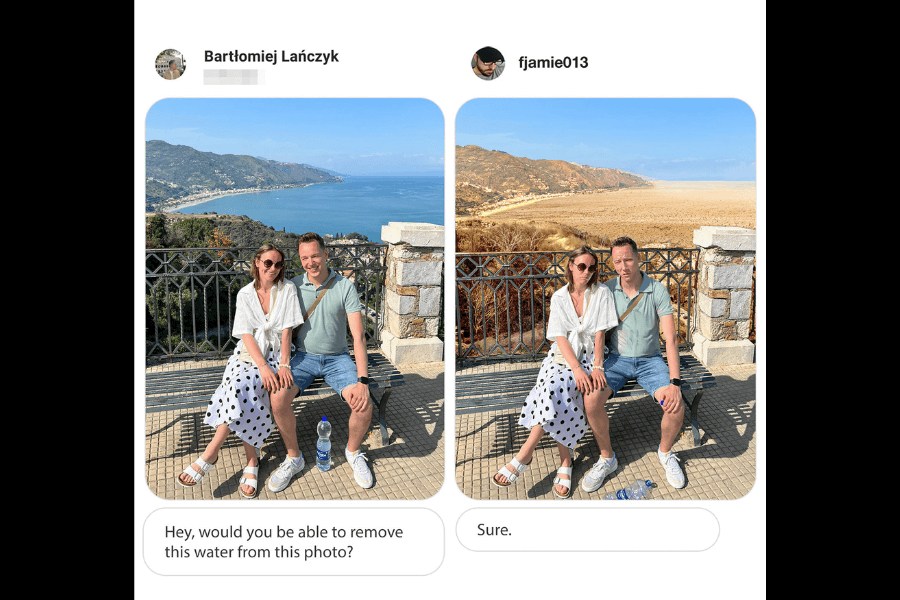 A side-by-side comparison of two photos: on the left, a couple sits on a bench overlooking a breathtaking coastal landscape with a blue ocean and green hills in the background. The request asks James Fridman to "remove the water from the photo." In the edited version on the right, Fridman has humorously replaced the ocean with a dry, barren desert, completely erasing any trace of water. The couple remains unchanged, but the bottle of water on the ground is also removed. His response is simply, "Sure."