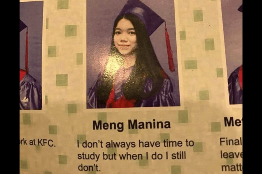 A high school graduation yearbook photo of a young woman wearing a purple cap and gown with a red stole, smiling at the camera. Below her name, "Meng Manina," her humorous yearbook quote reads, "I don’t always have time to study but when I do I still don’t," referencing the popular "Most Interesting Man in the World" meme format.