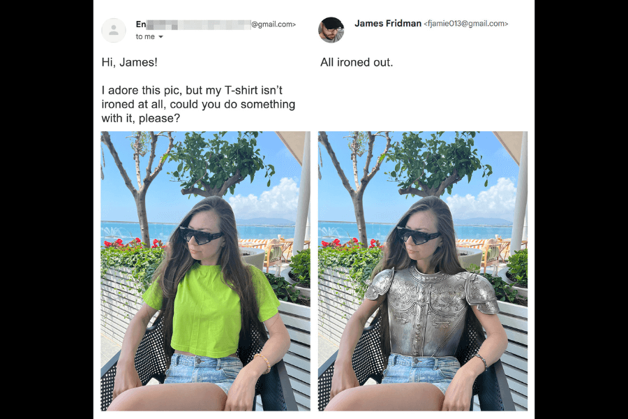A side-by-side comparison of two photos: on the left, a woman wearing a neon green T-shirt and sunglasses sits at an outdoor café with a tropical ocean view in the background. She requests that James Fridman fix her wrinkled shirt. In the edited version on the right, Fridman humorously replaces her T-shirt with a shiny, intricately detailed metal suit of armor—making sure it’s perfectly “ironed out.” His response reads, "All ironed out."