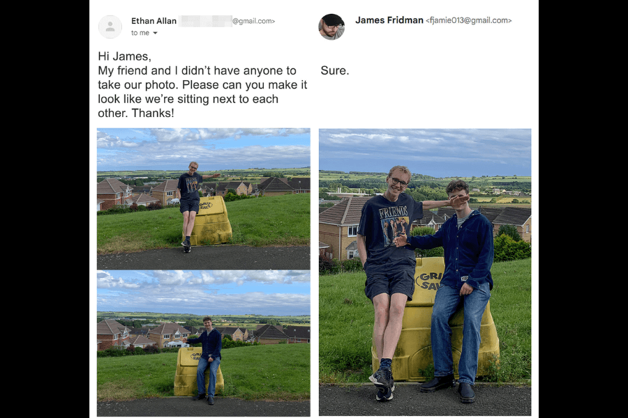 A side-by-side comparison of two sets of images: on the left, two separate photos show two friends posing individually next to the same yellow "GRIT SALT" bin on a hill overlooking a suburban landscape. The email request asks James Fridman to make it look like they are sitting next to each other. On the right, Fridman humorously merges the two friends into one image but instead of placing them naturally on the bin, he makes them conjoined at the arms, blending their torsos together in an awkward yet hilarious way. His response is simply, "Sure."