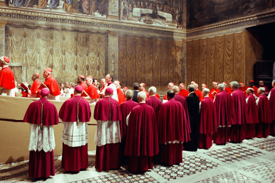 A solemn assembly of Catholic cardinals and clergy dressed in red and purple vestments gathers inside the ornately decorated Sistine Chapel, standing beneath Michelangelo's famous frescoes during a papal conclave or ceremonial event.