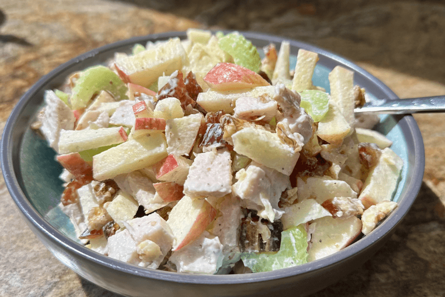 A bowl of Waldorf salad made with diced apples, celery, cooked chicken breast, chopped dates or raisins, and walnuts, all lightly coated in a creamy dressing. The salad is served in a grey-rimmed bowl with a spoon on a stone countertop.
