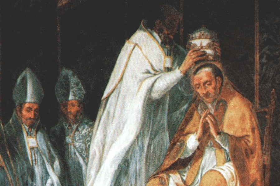 A historical painting showing a religious coronation scene, where a cleric places a papal tiara on the head of a kneeling man, likely a pope. Several bishops or cardinals in ornate robes and miters look on from the side, set in a dimly lit ceremonial chamber.