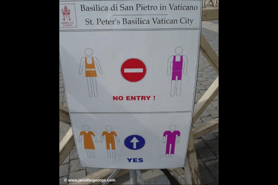 Sign outside St. Peter's Basilica in Vatican City illustrating the dress code. The upper section, marked "NO ENTRY!", shows stick figures in sleeveless tops, short skirts, and shorts. The lower section, labeled "YES", displays figures wearing modest clothing like dresses with sleeves and long trousers.