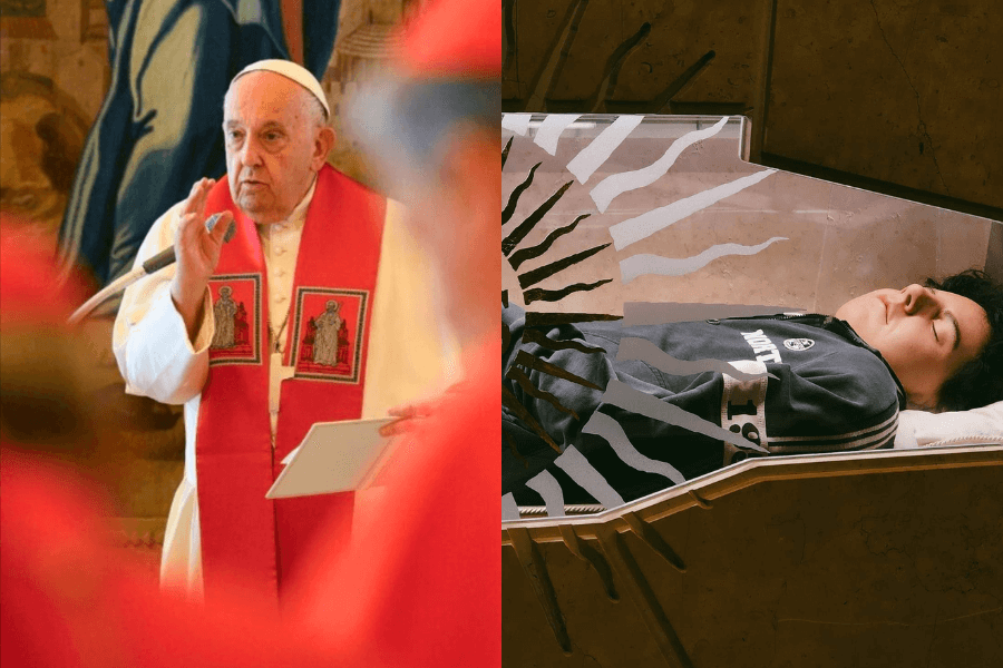 Split image: on the left, Pope Francis in white and red vestments gestures mid-speech during a religious ceremony, surrounded by clergy in red. On the right, a young man lies in repose inside a glass casket, dressed in a tracksuit, surrounded by symbolic artwork and lighting.