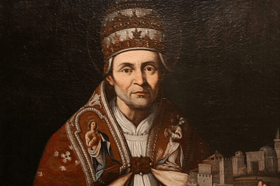 Historic portrait painting of a pope wearing an ornate red and gold papal robe adorned with religious imagery, and a papal tiara. His expression is solemn, and the background features a depiction of a walled medieval cityscape.