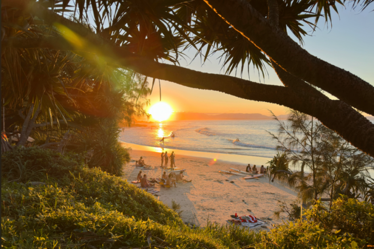 Golden-hour view of a tropical beach framed by tree branches, with groups of people relaxing on the sand and surfers catching gentle waves as the sun sets over the ocean. The scene glows with warm orange light, casting long shadows and highlighting the lush greenery around the beach.