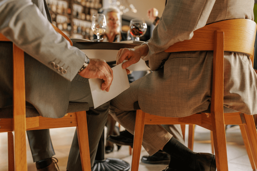 Two men in suits discreetly exchange a white envelope under a table at a restaurant, suggesting secrecy or a private deal. The background shows wine glasses on the table and blurred diners engaged in conversation.