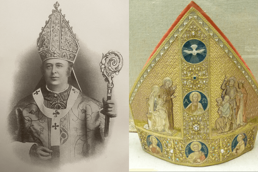 Split image showing a black-and-white portrait of a Catholic bishop on the left, dressed in ornate liturgical vestments and holding a detailed crosier, and on the right, a close-up of an elaborately embroidered mitre adorned with Christian iconography, gold accents, and gemstone embellishments.