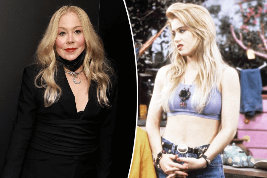Side-by-side image of a woman at two different stages of life: on the left, she appears in a black outfit with long wavy blonde hair and bold red lipstick at a formal event; on the right, a younger version of her wears a purple crop top and jeans, styled with voluminous hair, in a retro TV show setting.