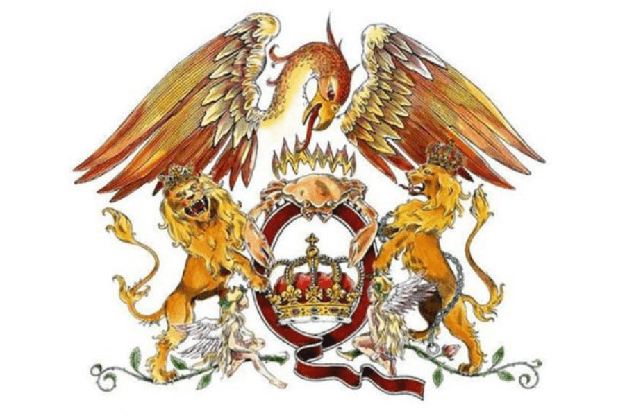 The Queen band logo, a detailed crest designed by Freddie Mercury, featuring a large winged phoenix above a central "Q" encircling a royal crown. Two crowned lions stand on either side, with a crab representing Cancer on top, and two fairies symbolizing Virgo seated below, all framed with ornate flourishes and a ribbon.