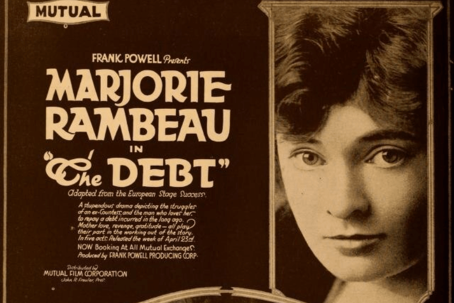 Vintage sepia-toned film poster for "The Debt," presented by Frank Powell and starring Marjorie Rambeau. The left side features bold, stylized text with promotional details, while the right side displays a close-up portrait of Rambeau with an intense, solemn expression.