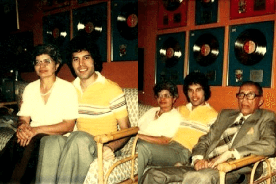 Two side-by-side vintage photos showing a man in a yellow striped polo shirt seated with family. On the left, he sits with an older woman wearing glasses and a white blouse; on the right, the same pair is joined by an older man in a grey plaid suit and tie. The background features numerous gold and platinum record plaques mounted on a red wall.