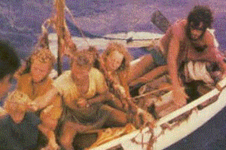 Blurry color photo of five people packed closely in a small, weathered lifeboat at sea, surrounded by dried seaweed or food hanging on ropes. The group appears sunburned and fatigued, wearing minimal, tattered clothing under a makeshift canopy.