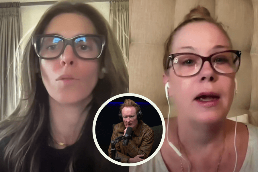 A podcast split-screen shows two women wearing large glasses and speaking into earbuds, with one seated against a curtained window and the other against a tufted headboard. A small circular inset at the bottom features Conan O'Brien speaking into a microphone in a recording studio.