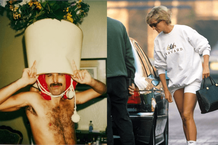 Side-by-side images of two iconic figures: on the left, Freddie Mercury playfully posing shirtless with a flower pot on his head like a helmet, and on the right, Princess Diana casually dressed in a white Harvard sweatshirt and cycling shorts, stepping out of a car with a handbag in hand. The juxtaposition highlights their contrasting yet memorable personalities.