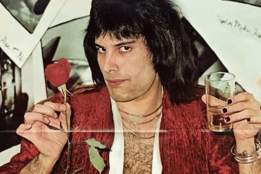 Freddie Mercury posing with a playful and sultry expression, holding a red rose in one hand and a drink in the other. He wears a deep red velvet robe, layered necklaces, and has black nail polish on his fingernails, with a backdrop of abstract photo prints behind him.
