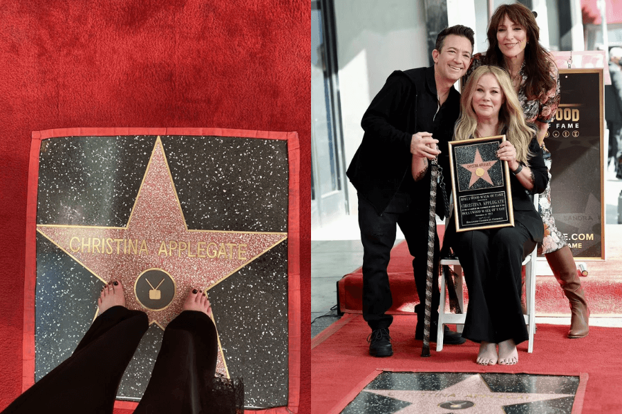 Side-by-side images show a Hollywood Walk of Fame star for Christina Applegate. On the left, a close-up of her bare feet standing at the star. On the right, she sits barefoot in a chair holding her framed plaque, joined by two supportive companions on the red carpet.