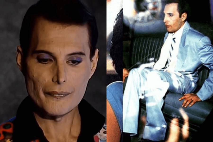 Side-by-side images of Freddie Mercury later in life. On the left, he appears with visible signs of illness, wearing makeup with purple eyeshadow and a patterned shirt, looking down pensively. On the right, he’s dressed in a pale blue suit, sitting with a composed expression on a leather seat, captured during a rare public appearance.