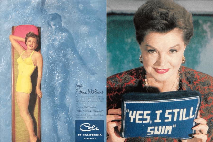 Split image showing two portraits of Esther Williams. On the left, a vintage ad features her lying on a float in a yellow swimsuit over a bright blue pool with her reflection visible in the water, promoting “Cole of California” swimwear. On the right, a later photo shows an older Esther smiling warmly and holding a blue embroidered sign that reads, "YES, I STILL SWIM."