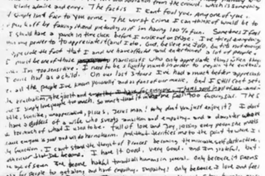 A close-up image of a handwritten note or letter filled with emotionally intense reflections. The writing is densely packed and includes crossed-out phrases and underlined words, revealing raw and deeply personal thoughts about love, self-perception, and emotional struggles.
