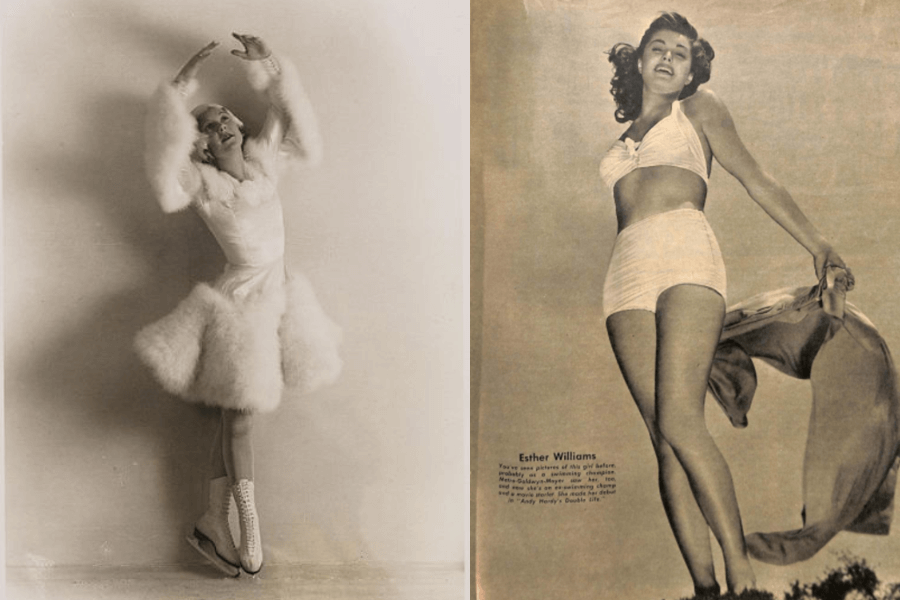 Side-by-side vintage photos: on the left, a woman in an elegant fur-trimmed ice skating outfit and white skates poses with arms gracefully raised; on the right, a glamorous pin-up style image of Esther Williams in a high-waisted white bikini and heels, holding a flowing garment behind her with text identifying her at the bottom.
