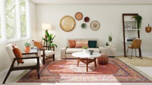 White and brown living room set with couch and table