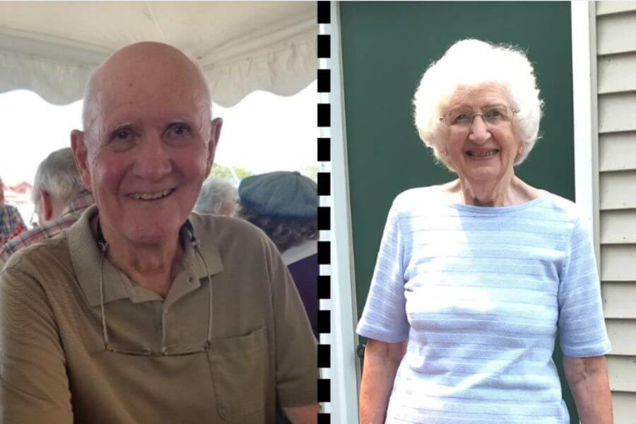 Side-by-side portraits of an elderly couple. On the left, an older man with a bald head smiles warmly while seated under a tent among a group of people. On the right, an older woman with short white hair and glasses stands in front of a green door, smiling and wearing a light blue striped shirt.