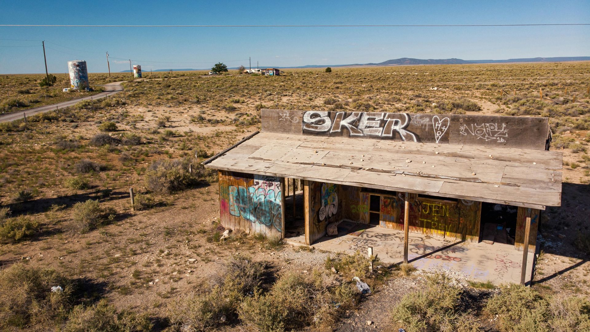 Abandoned shop with boarded windows in the Arizona valley desert