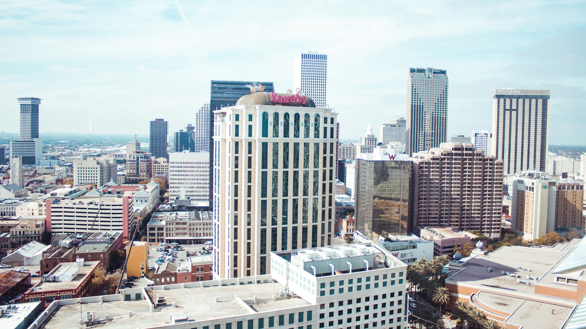 Louisiana city buildings under a clear blue sky