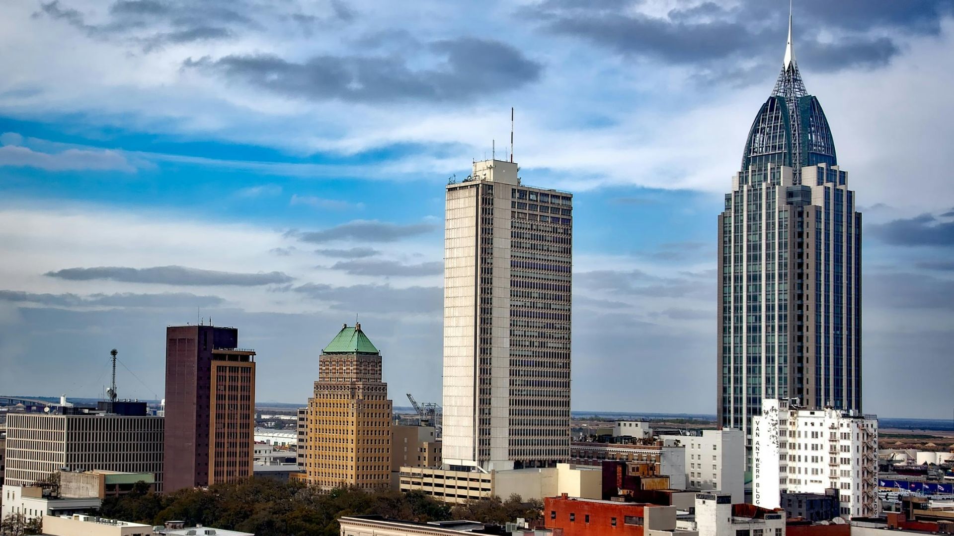Aerial view of tall buildings in downtown Alabama