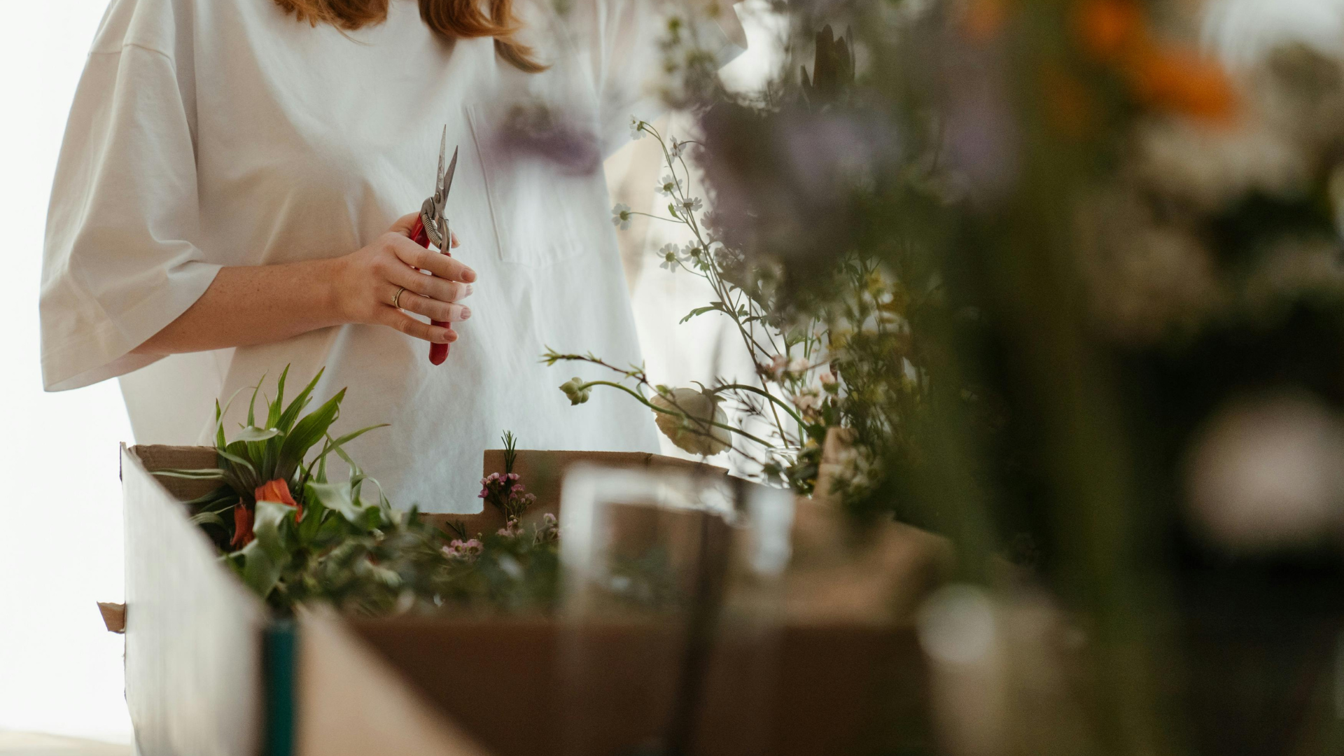 Woman trimming and holding a white flower stem indoors