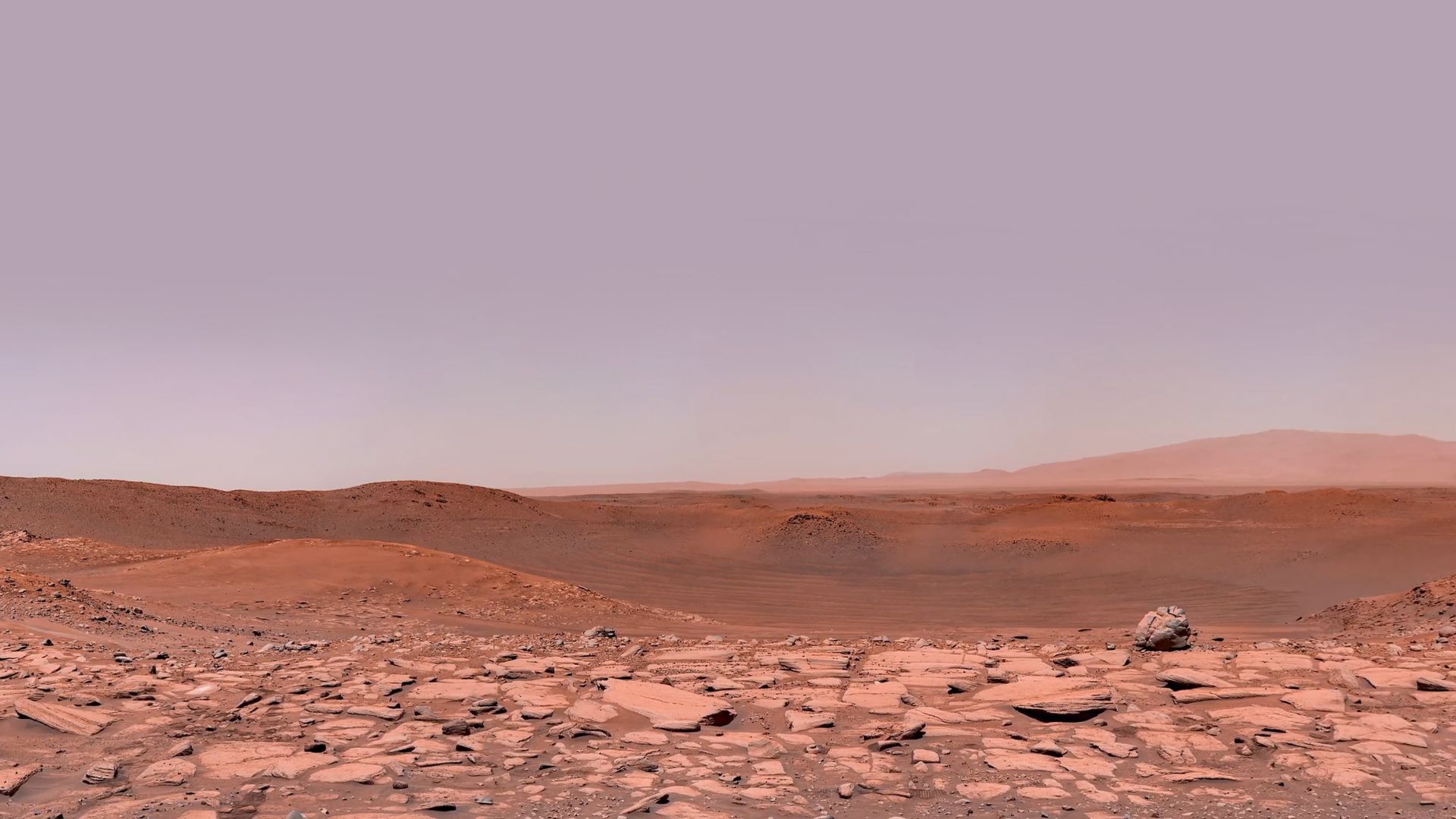 Wide view of Jezero Crater on Mars with layered rock formations