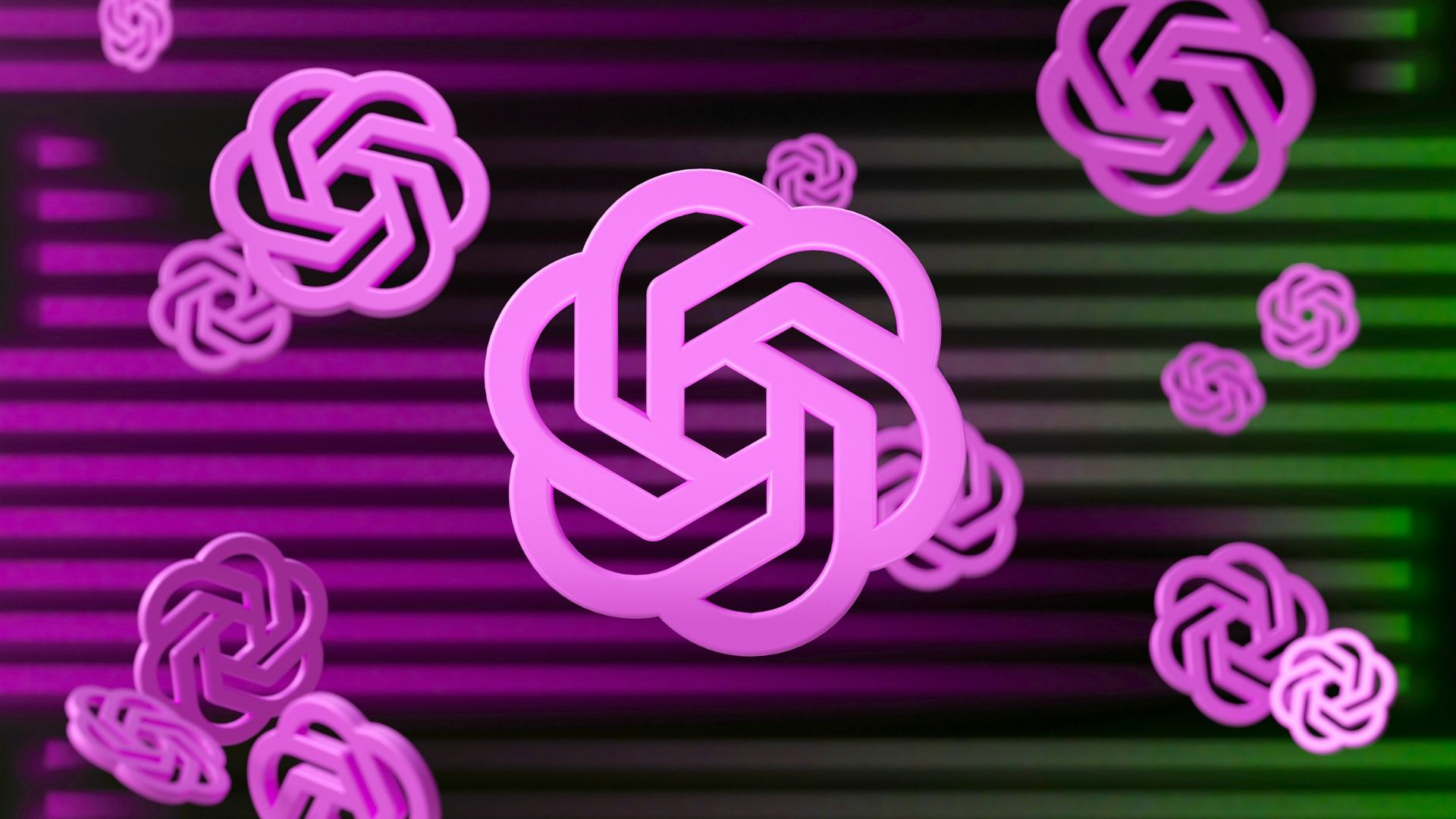 Purple and green abstract background with intertwined circles representing AI